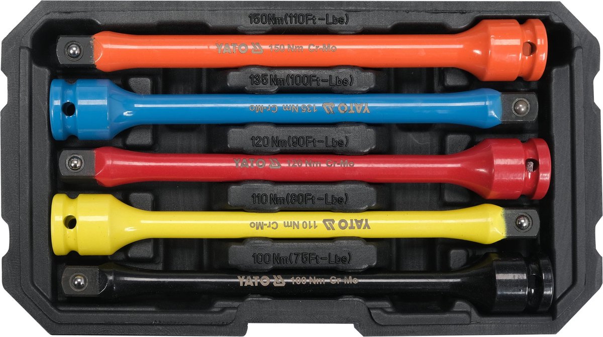 YATO Professionele Torsie Verlengstukkenset – 5-Delig – Voor Lichtmetalen Velgen – 1/2" Aansluiting – 200 mm – 100 t/m 150 Nm – CrMo Staal – Inclusief Opbergkoffer
