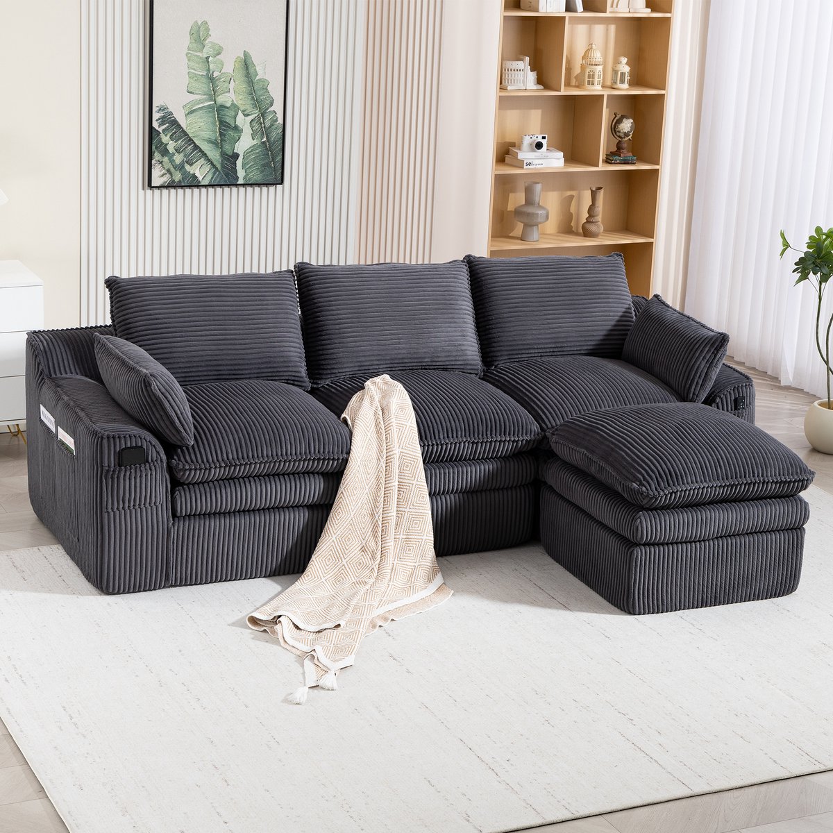 Modulaire 3-Zitsbank - Corduroy Hoekbank Met Hocker, Kussens En Zijvakken, Donkergrijs
