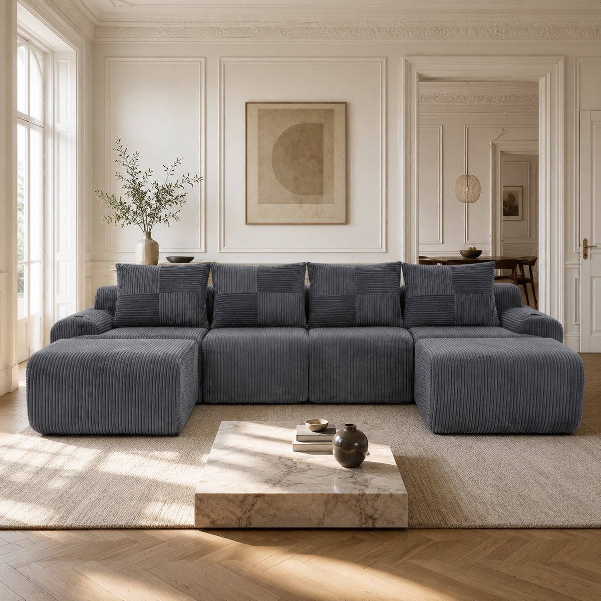Bank 4 Persoons - Modulair Hoekbank Met 2 Hockers - Donkergrijs Corduroy - 333x174x80 cm