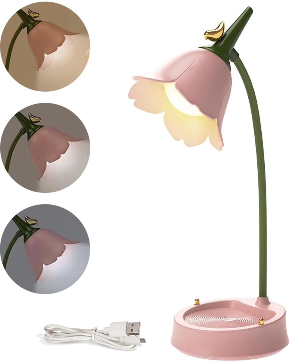 LED-Bureaulamp In De Vorm Van Een Bloem - Draadloze Tafellamp - Bureaulamp Voor Kinderen - Tafellamp Met 3 Kleurstanden En Dimfunctie