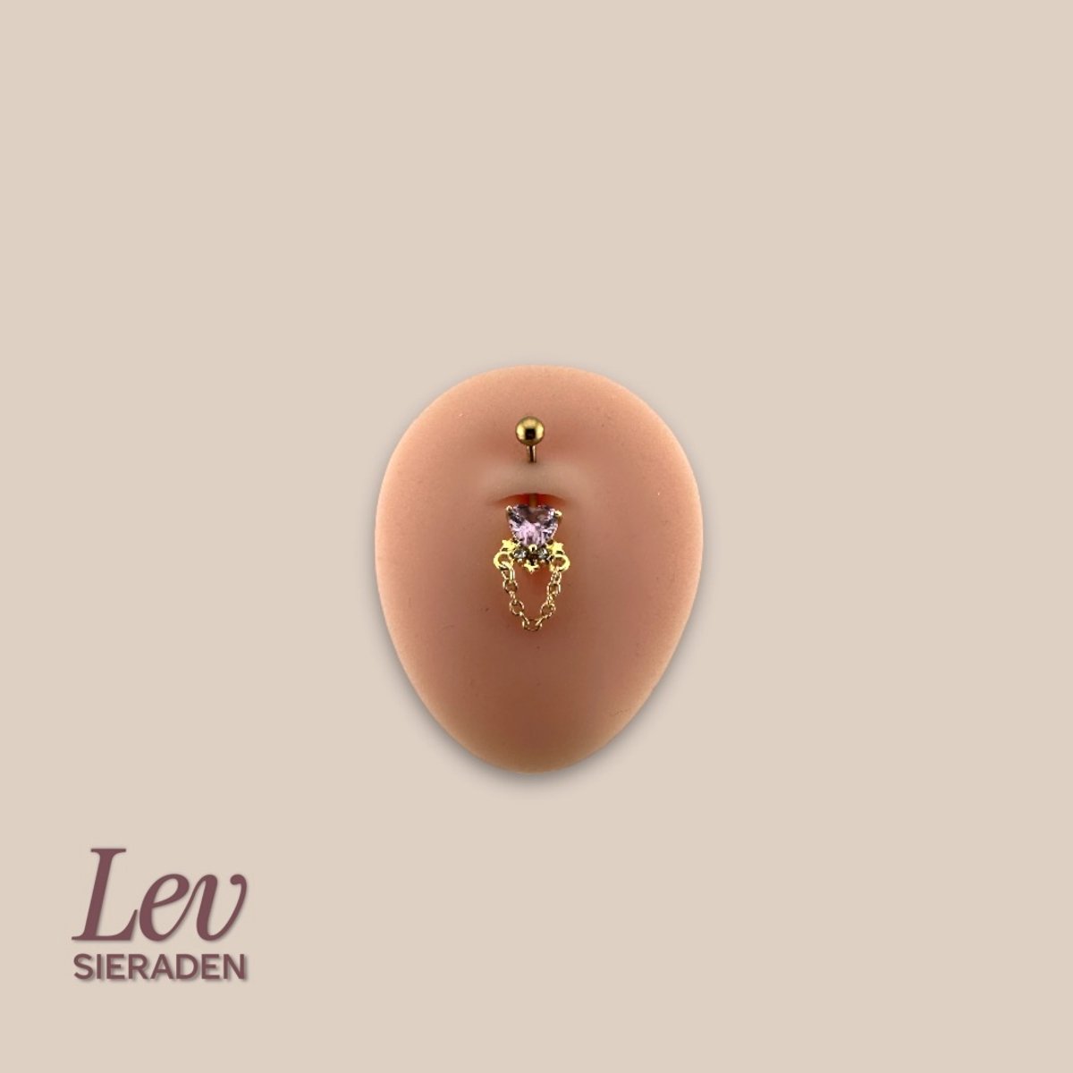 Lev Sieraden - 1.6x10mm Hartje, sterren en ketting - hanger navel piercing - Goud kleurig - Titanium - Roze zirkonia - extern geschroefd