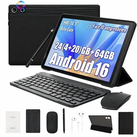 Een set met een zwarte tablet, toetsenbord, muis, stylus, oordopjes, beschermhoes en handleidingen.