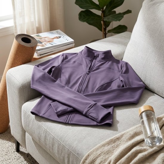 Donker paarse sport jas dames slim fit volledige rits fitness jas yoga jas pilates trui hardloop jas met duim gaten hoge kraag aansluitend model lange mouwen euro maat M — afbeelding 3