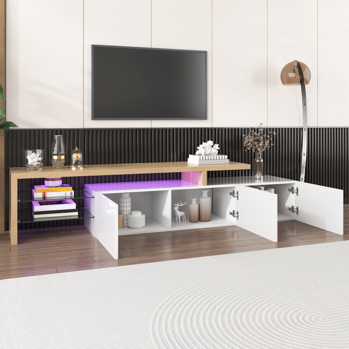 Moderne tv meubel - stijlvol en elegant - praktisch opbergbaar - houtnerf - glazen planken - LED-verlichting - wit