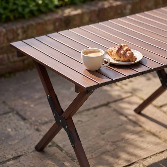 Aluminium Campingtafel 120 cm - Lichtgewicht Roltafel met Houtlook - Opvouwbaar & Compact voor 4-6 Personen - Belastbaar tot 100KG - Opvouwbare tafel Inclusief Draagtas voor Picknick & Tuin - 120x60x45cm - Bruin van Merkloos — afbeelding 4