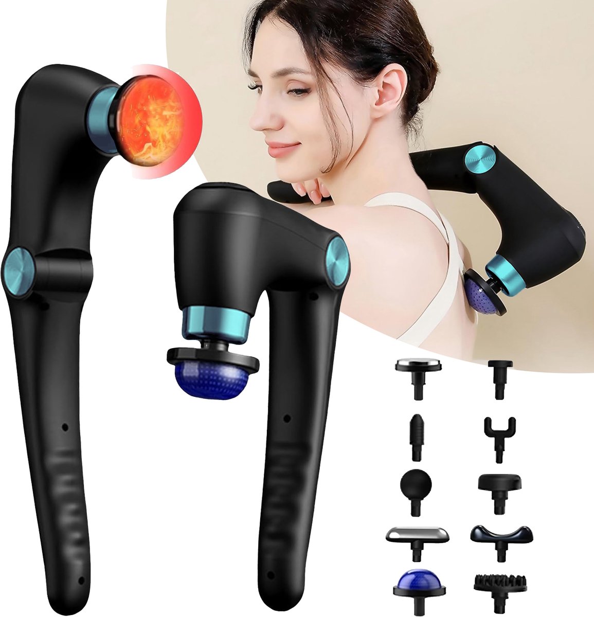 Opvouwbaar Warmte- En Koudmassagepistool - 9 Versnellingen 10 Koppen - Draadloze Handpercussiemassageapparaten - Rugmassageapparaat