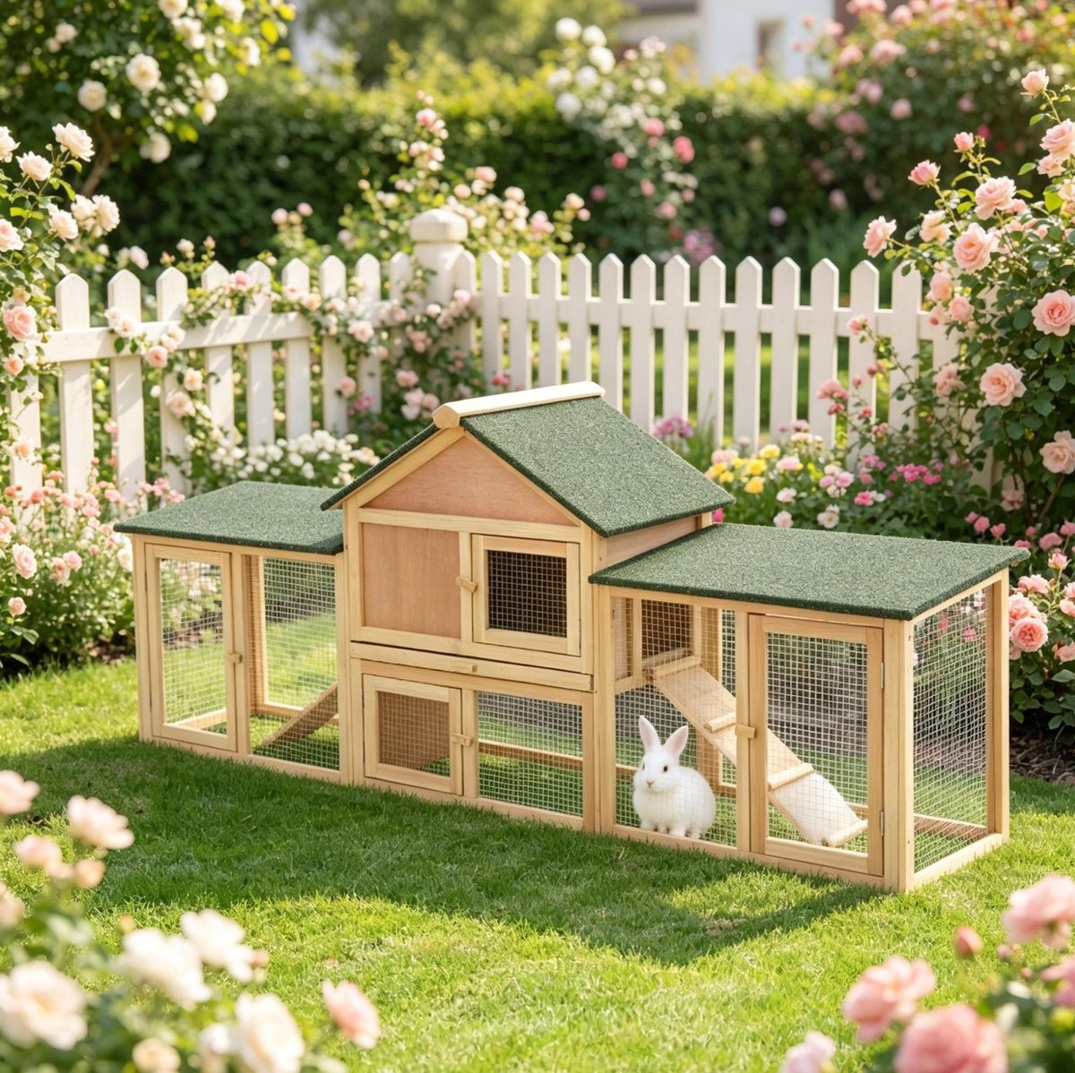 Kaninchenhutte Grote Buiten Konijnenhok 210 X 45,5 X 84,5 Cm Hout Metaal Groen Met Loopren, Opgang En Schuiflade