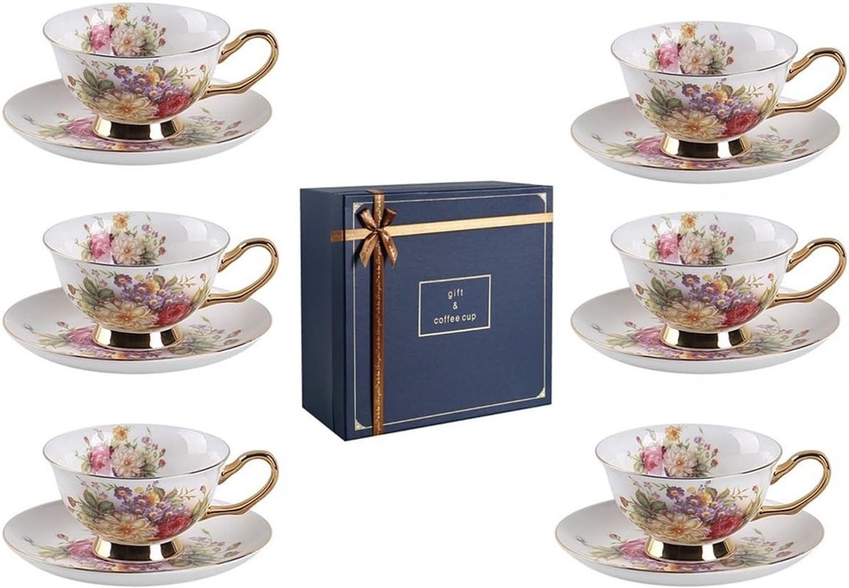 Elegante 12-delige theeset met bloemenmotief van porselein, inclusief koffie- en theekopjes, cadeauverpakking, ideaal voor feesten en speciale gelegenheden.
