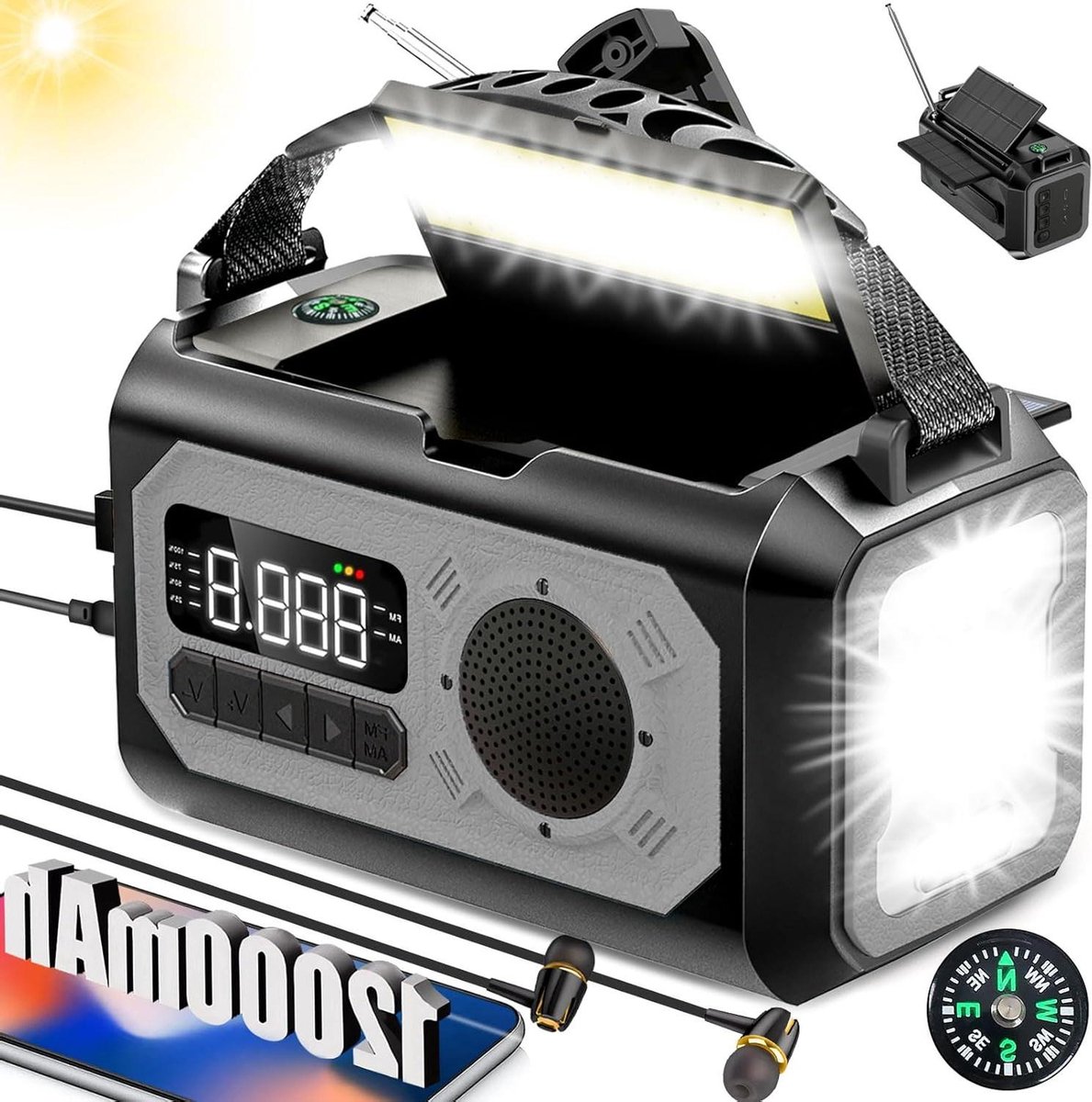 Noodradio - Weer Apparaat - Voorbereid op Nood - 12000mAh Batterij - Compact Formaat - Zwart