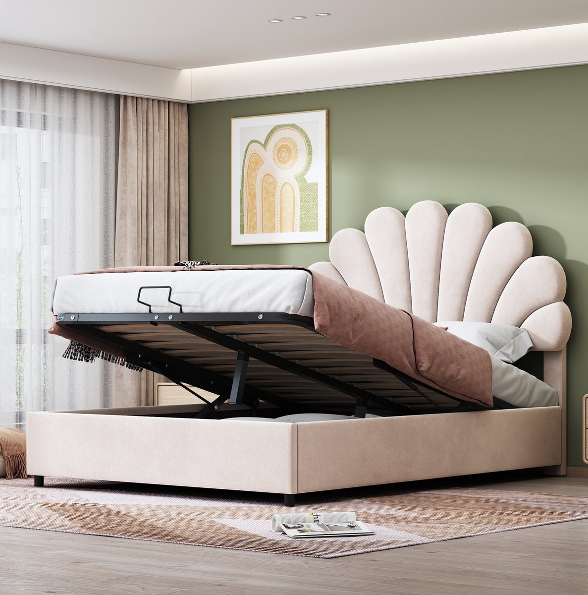 COVREO Bed 140x200 cm beige, fluweel, opbergruimte, zonder matras