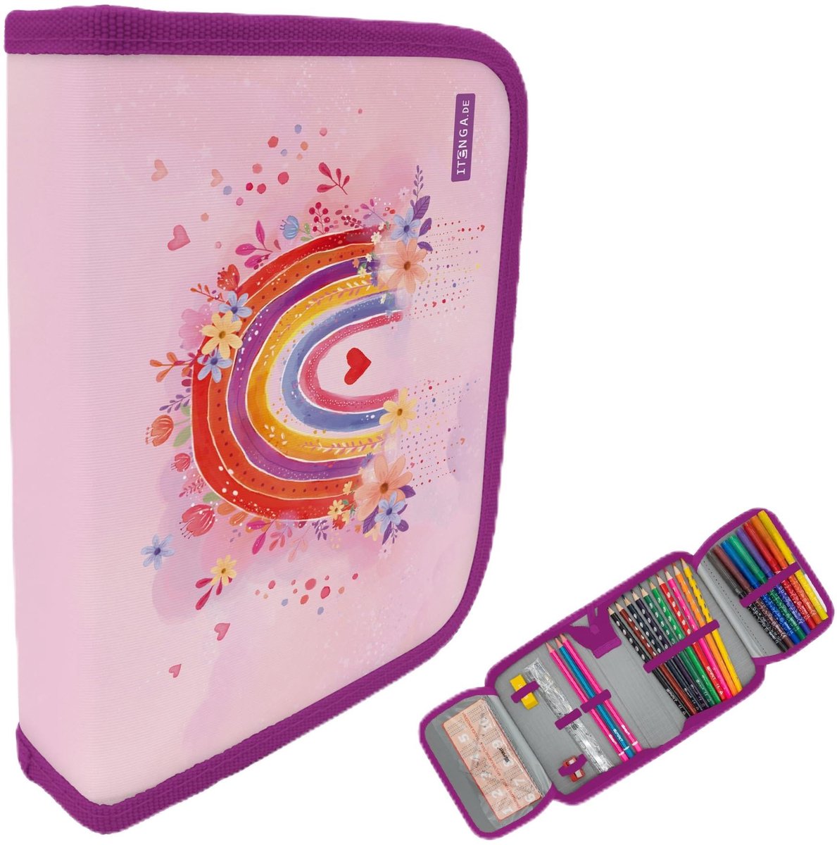 SnelShoppen - itenga Schooletui 28-delig Gevuld met Rits voor Jongens en Meisjes - Regenboog Rainbow Dreams - Inclusief Extra Tas - Perfect voor Schoo