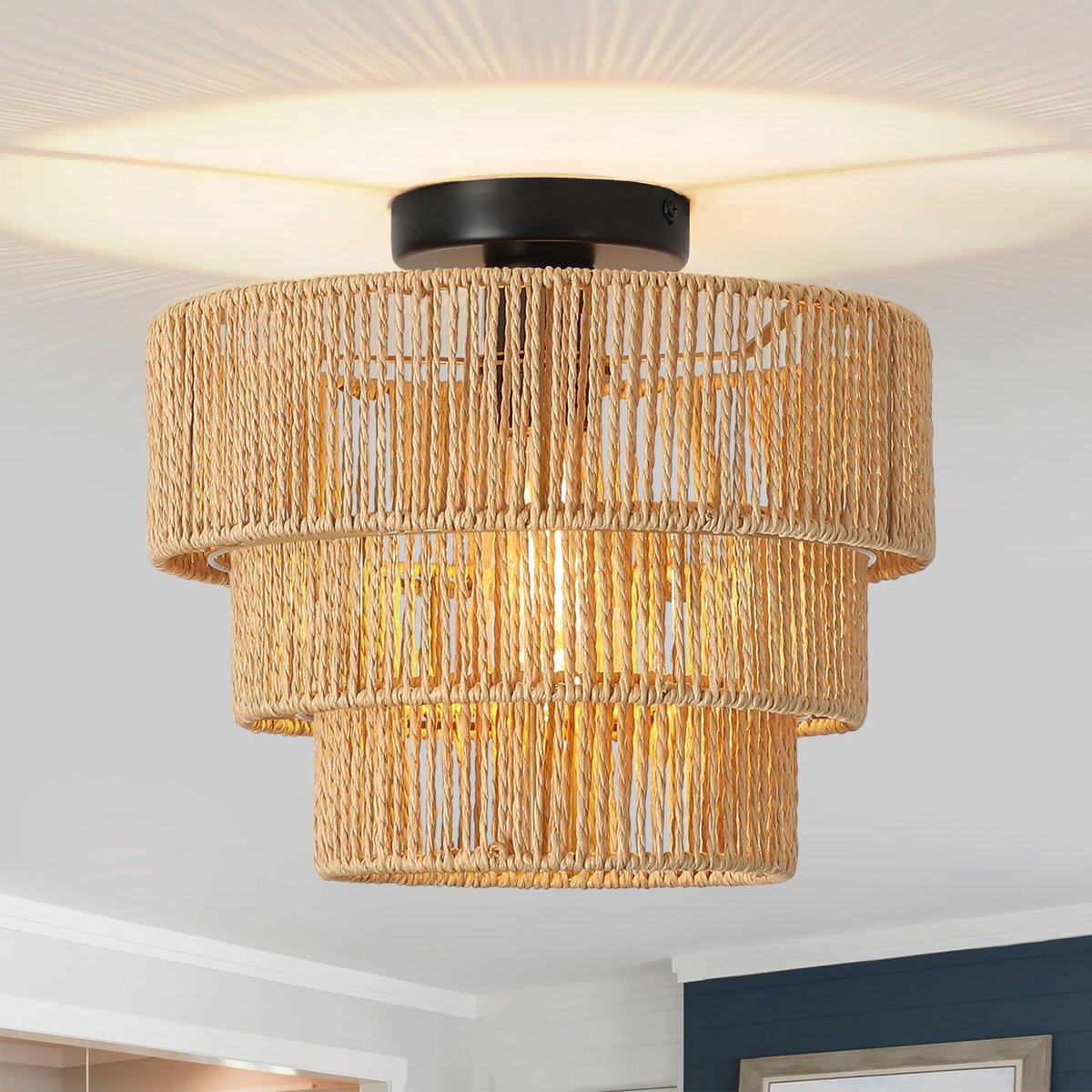 SnelShoppen - FORCOSO Rotan Plafondlamp, 3-laags Boho Lampenkap, E27 Vintage Kroonluchter Lichtfitting, Rustieke Plafondlamp voor Woonkamer, Slaapkame