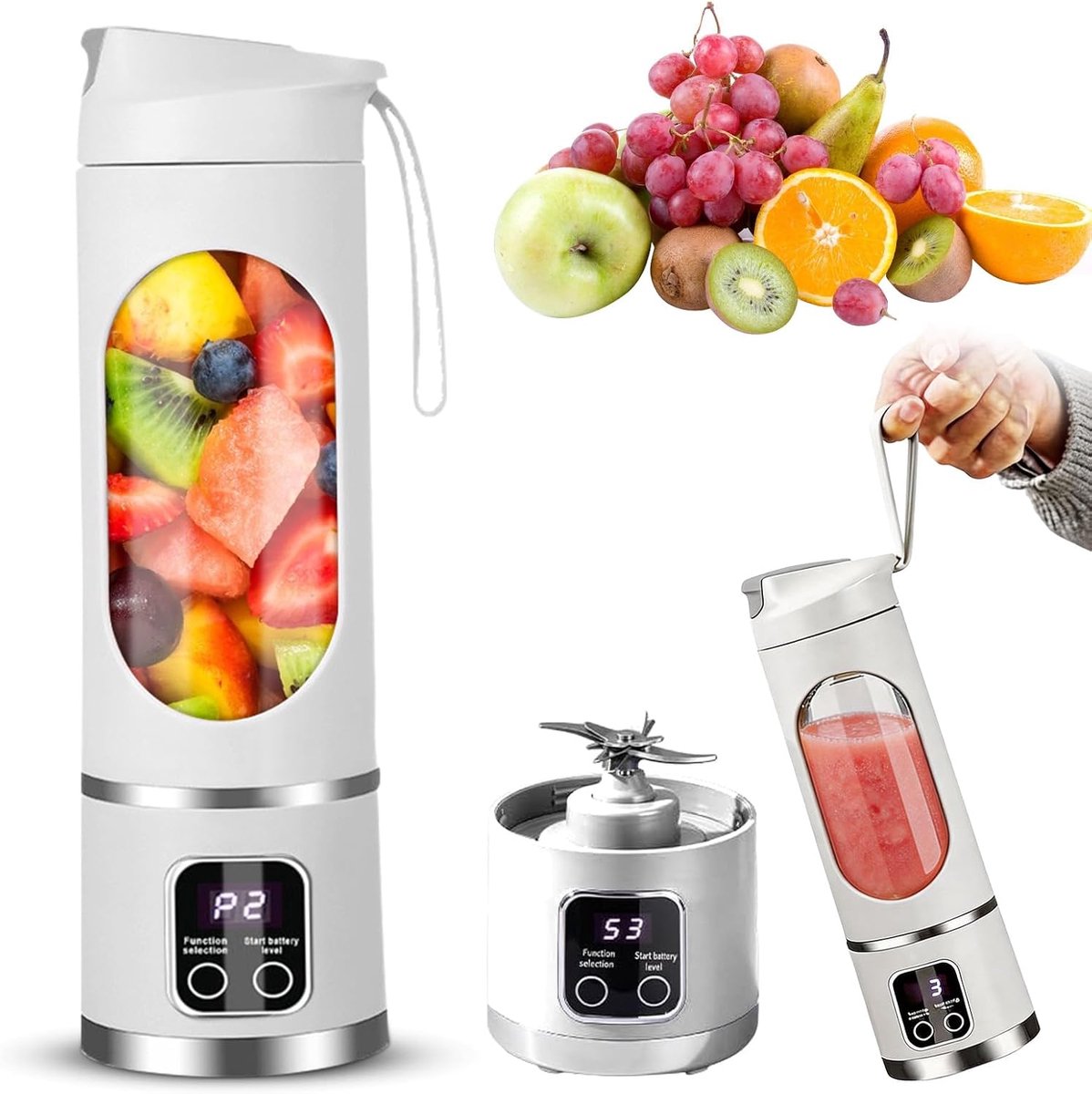 SnelShoppen - Draagbare Blender Smoothie Maker To Go 450 ml met LED-Display, 12 Roestvrijstalen Messen, Draadloos en Oplaadbaar voor Shakes, Sport, Re
