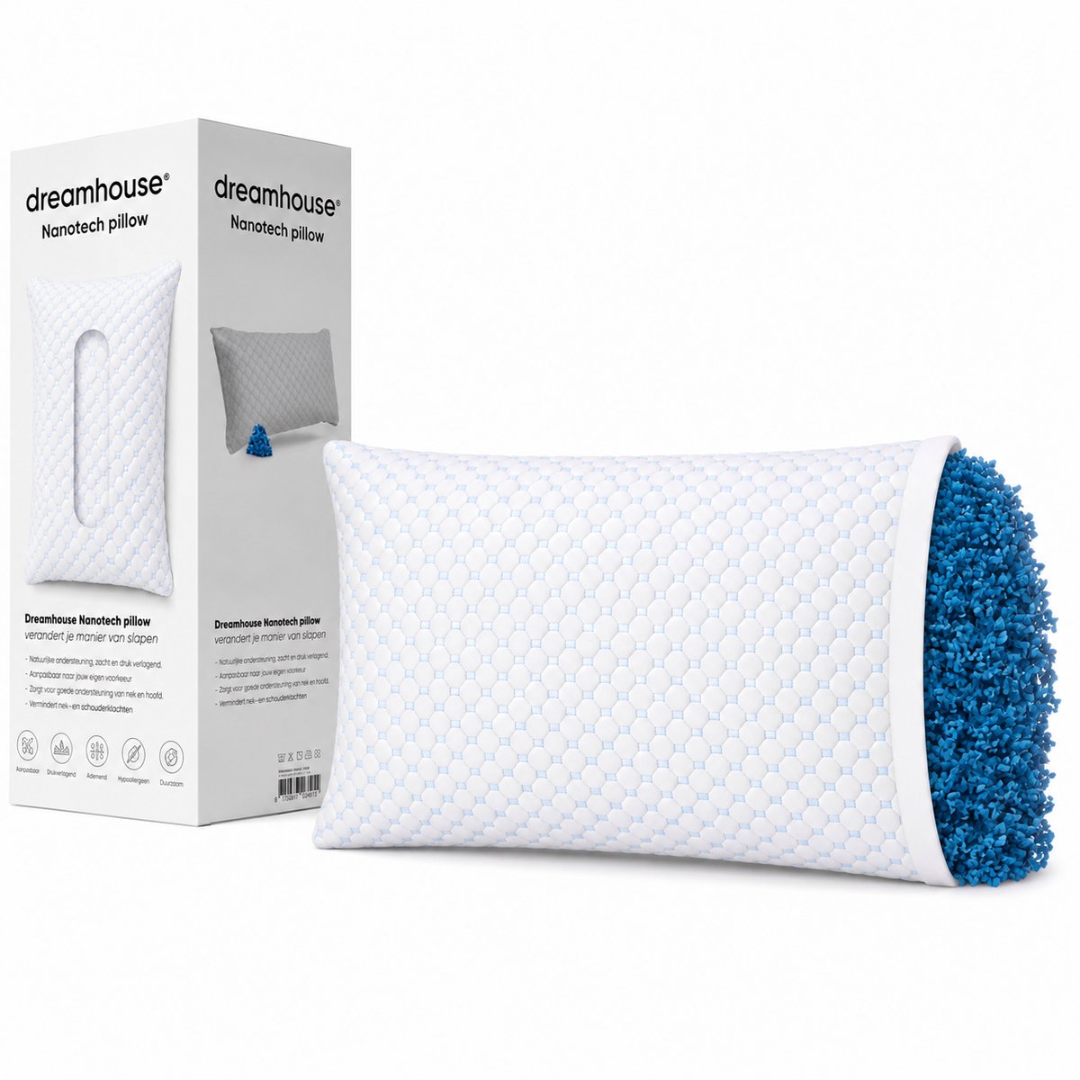 BSS Bedding Dreamhouse Pillow - Hoofdkussen - 50x70 cm - Verstelbaar Memory Foam Kussen - Koelende Blue Cell - Bamboe Hoes - Wasbaar Wit
