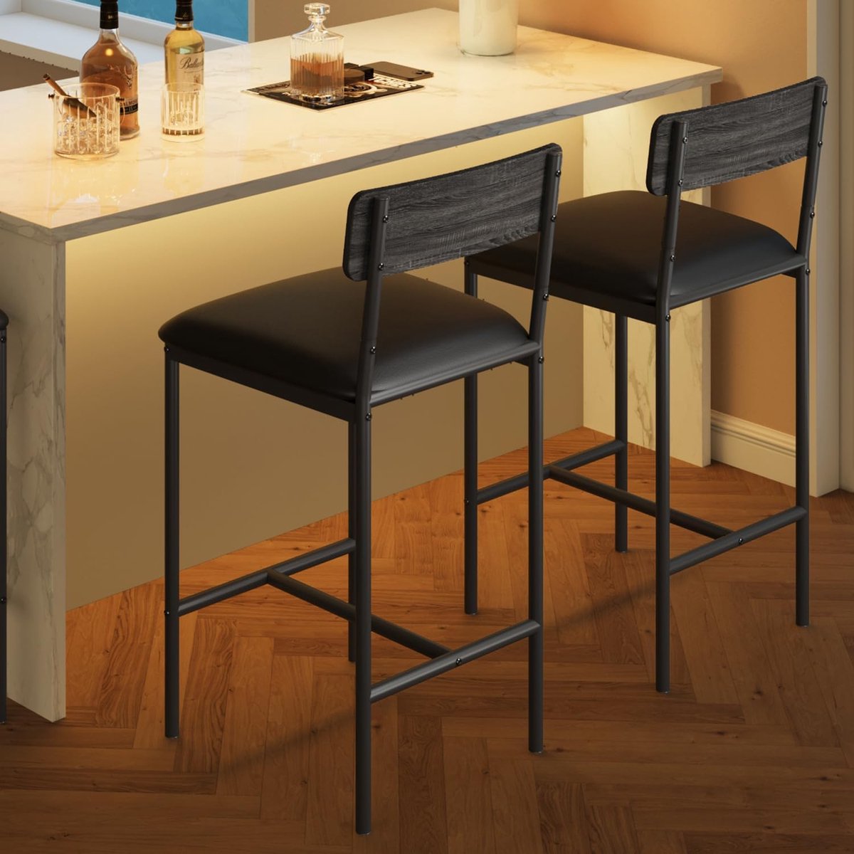 Set van 2 barstoelen, keukenbarstoelen met voetsteun, 64,8 cm hoge gestoffeerde stoelen met rugleuning, 2 barstoelen op aanrichthoogte voor bar en keukeneiland, eenvoudige montage