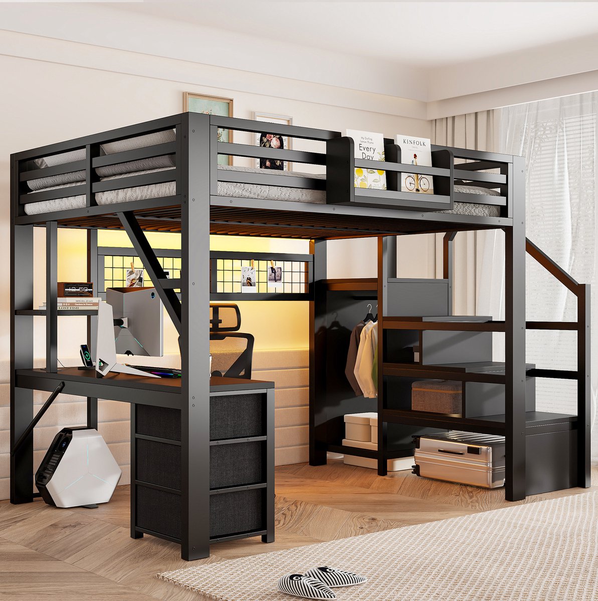 Hoogslaper 140x200 cm - Hoogslaper met bureau, 3 lades en opbergruimte - Met verlichting en kledingkast - Zwart - Zonder matras
