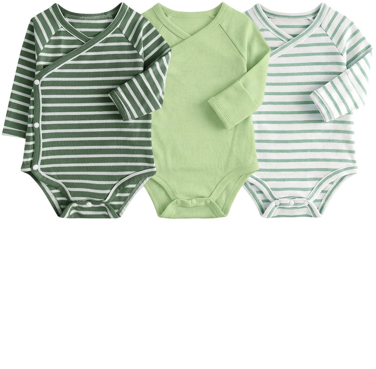 SnelShoppen - JiAmy Baby Wikkelbody Set 3-delig met Omslagmouwen en Pompbroek met Voeten, Katoen, Pasgeborenen Set 0-12 Maanden, Groene Bovenstukken,