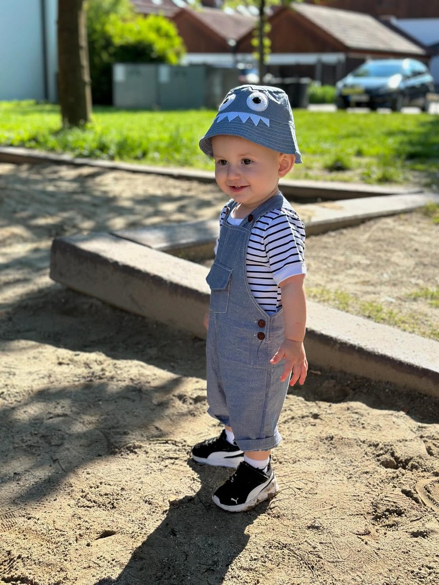 SnelShoppen - 3-delige babykledingset voor zomerkleding, blauw gestreepte outfit met korte mouwen, T-shirt top/body + broek/shorts + muts, set voor pa