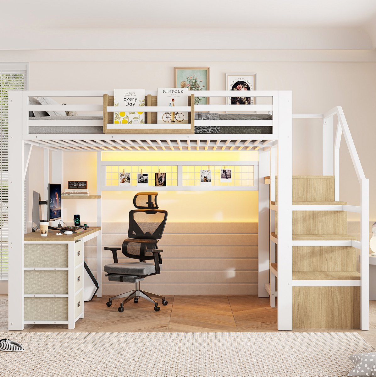 STILVORA Hoogslaper 140x200cm Zonder matras - Hoogslaper met bureau en LED-verlichting - 3 lades en opbergruimte - Jeugdkamer - Wit