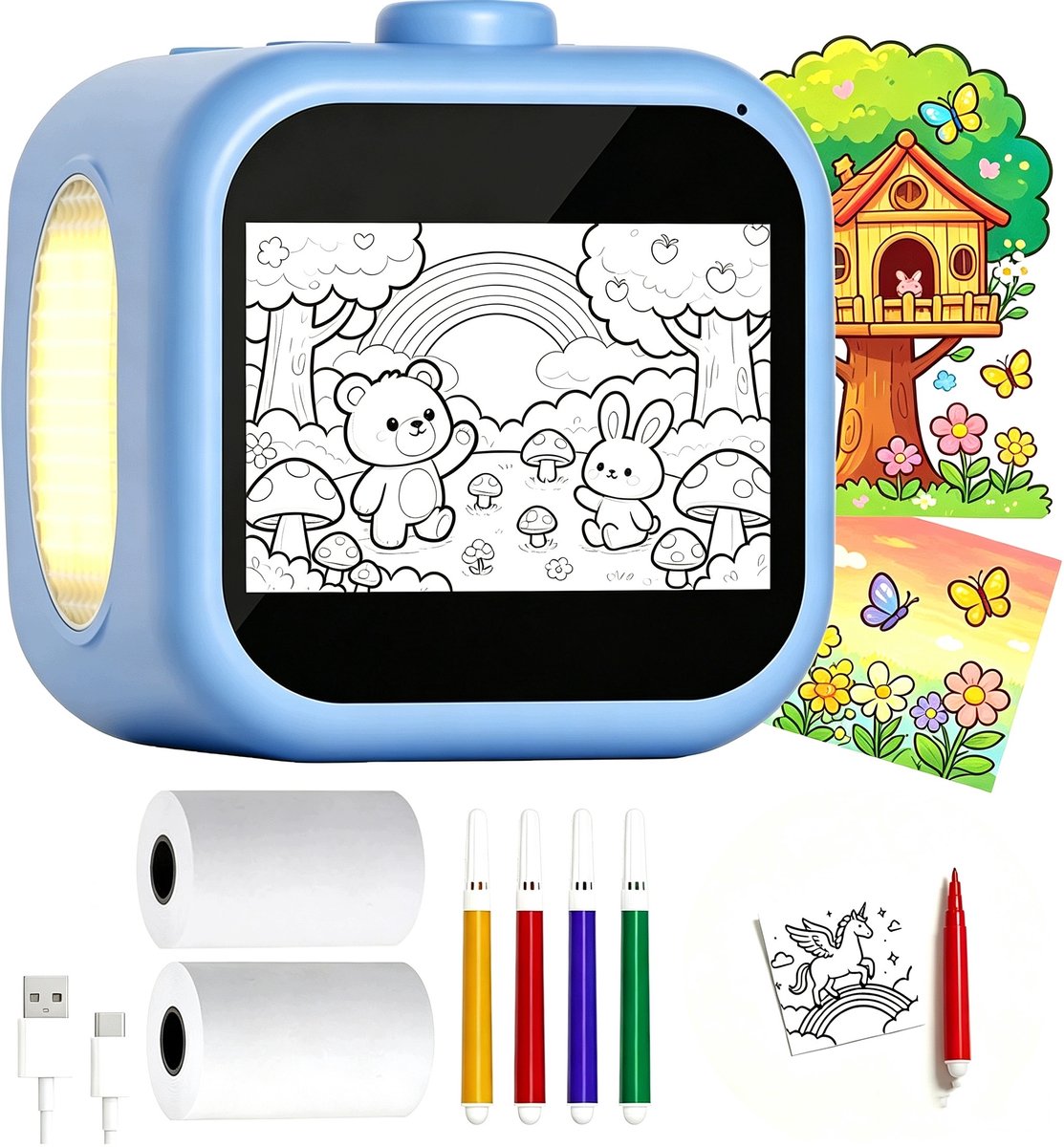 AI Stemgestuurde Stickerprinter Blauw – 3,5" Touchscreen, WiFi, Zonder Inkt – Spreek & Print Unieke Kleurplaten – Educatief Speelgoed voor Kinderen (3-12 jaar) – Incl. 6 Rollen BPA-vrij Papier & 4 Stiften – Geen App Nodig