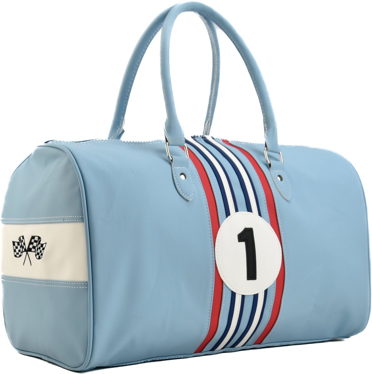 Chocansweets Retro sport/reistas lichtblauw met rode, witte en blauwe striping nr 1, waterafstotend.