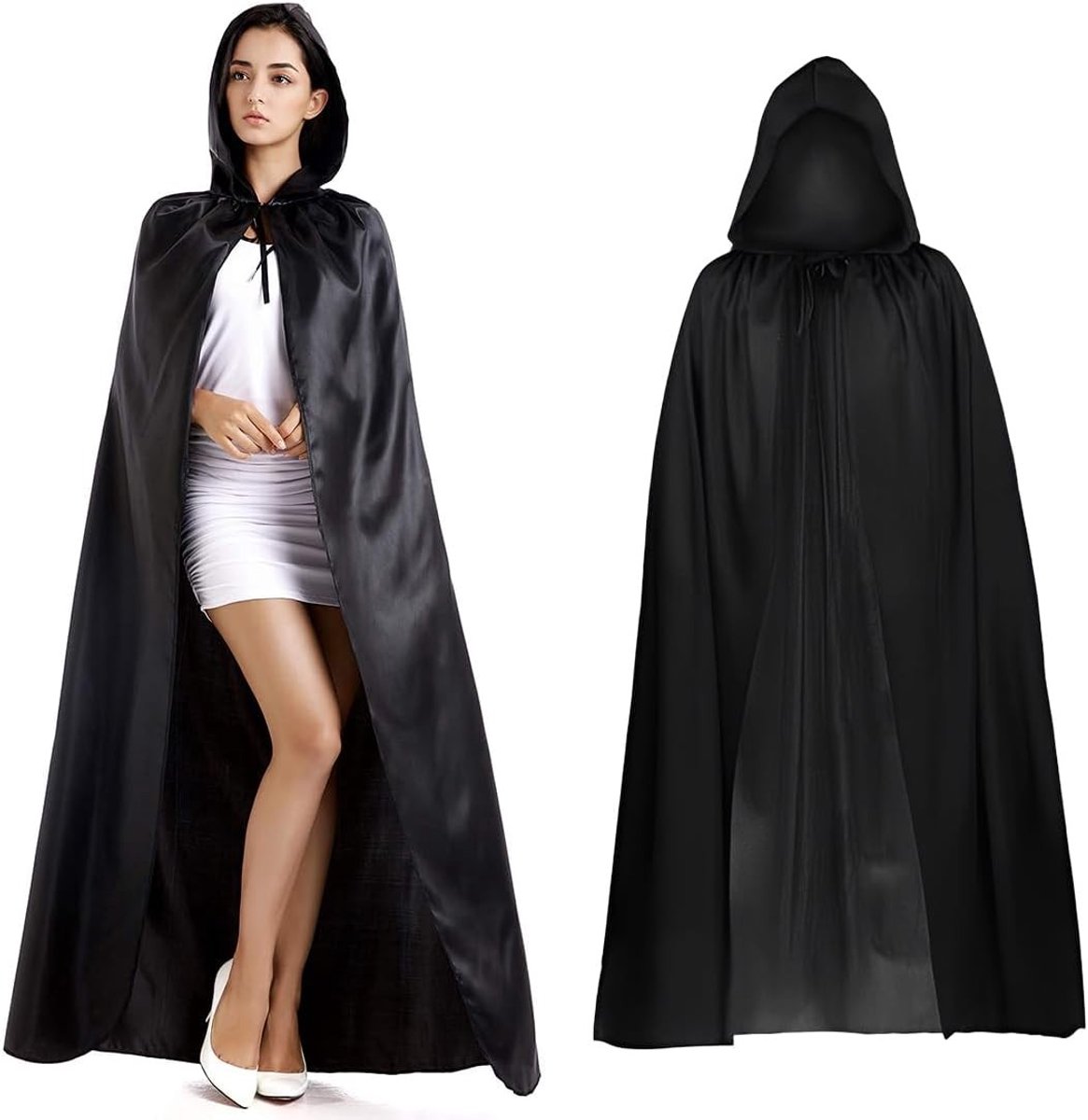 Zwarte Middeleeuwse Cape met Kap voor Volwassenen - Perfect voor Halloween, Carnaval en Kostuums (160 cm)