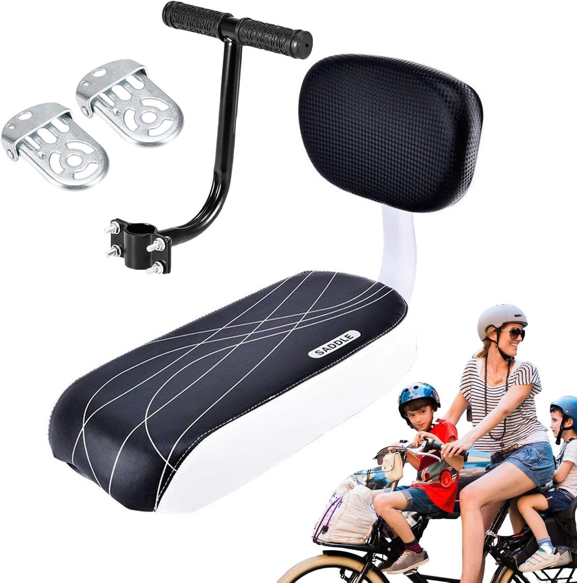 Fiets Achterzadelkussen - Armleuning Voetensteun Set - Achterzitje Voor Kinderfiets - Inclusief Armleuningen Handrails En Voetsteunen