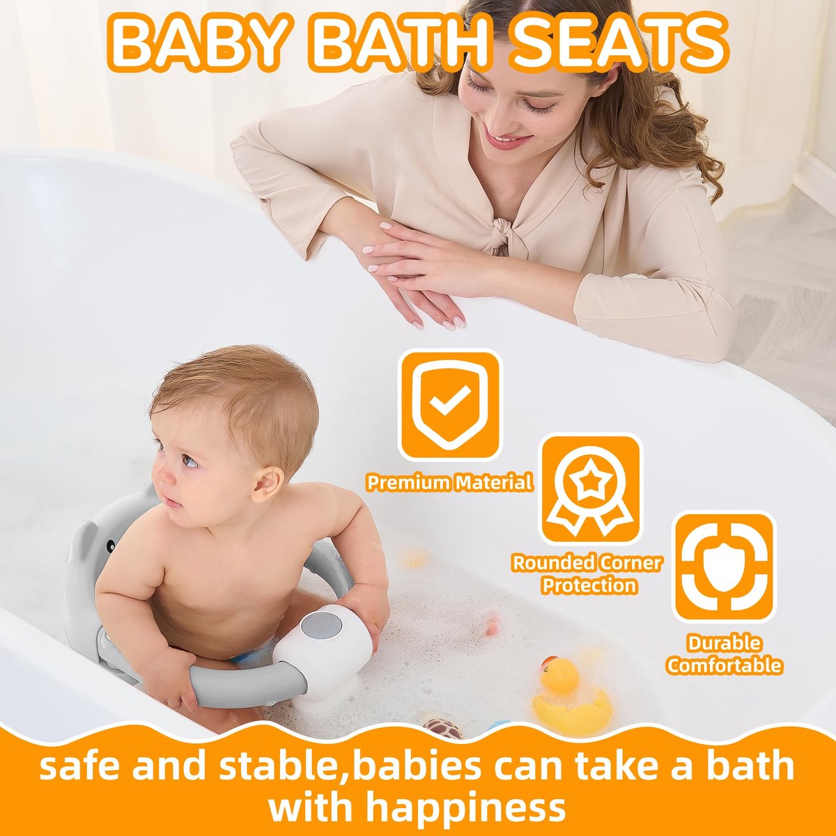 SnelShoppen - Badkuipstoel voor baby's vanaf 6 maanden - Antislip Badzitje met 4 Zuignappen - Veilig en Draagbaar Grijs Kussentje voor Peuters en Pasg