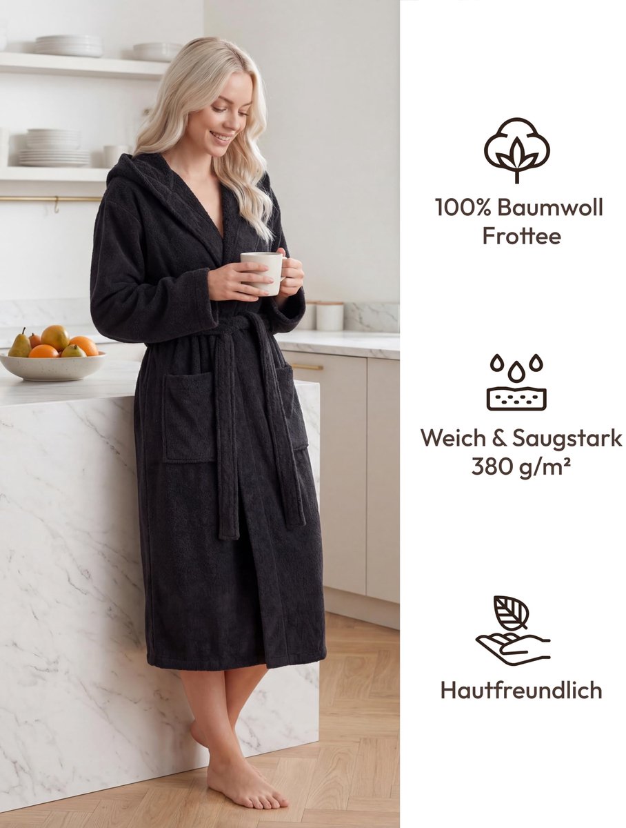 SnelShoppen - Dames Badjas Middellang met Capuchon, 100% Katoen Badstof 380 g/m², Zwart, L-XL - Luxe en Comfort voor Thuis of Wellness