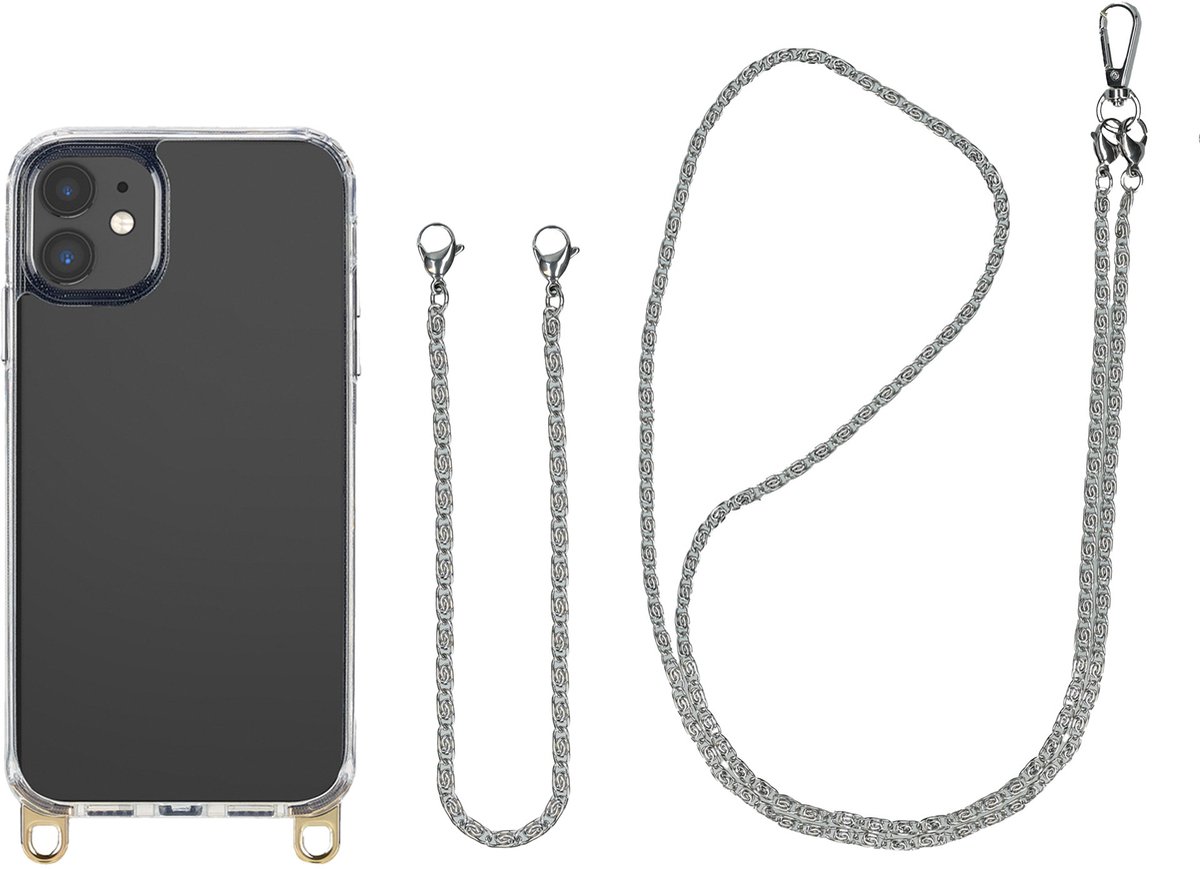 Selencia Transparant Hoesje met Haakjes inclusief Telefoonketting - Geschikt voor Apple iPhone 11 - Zilver