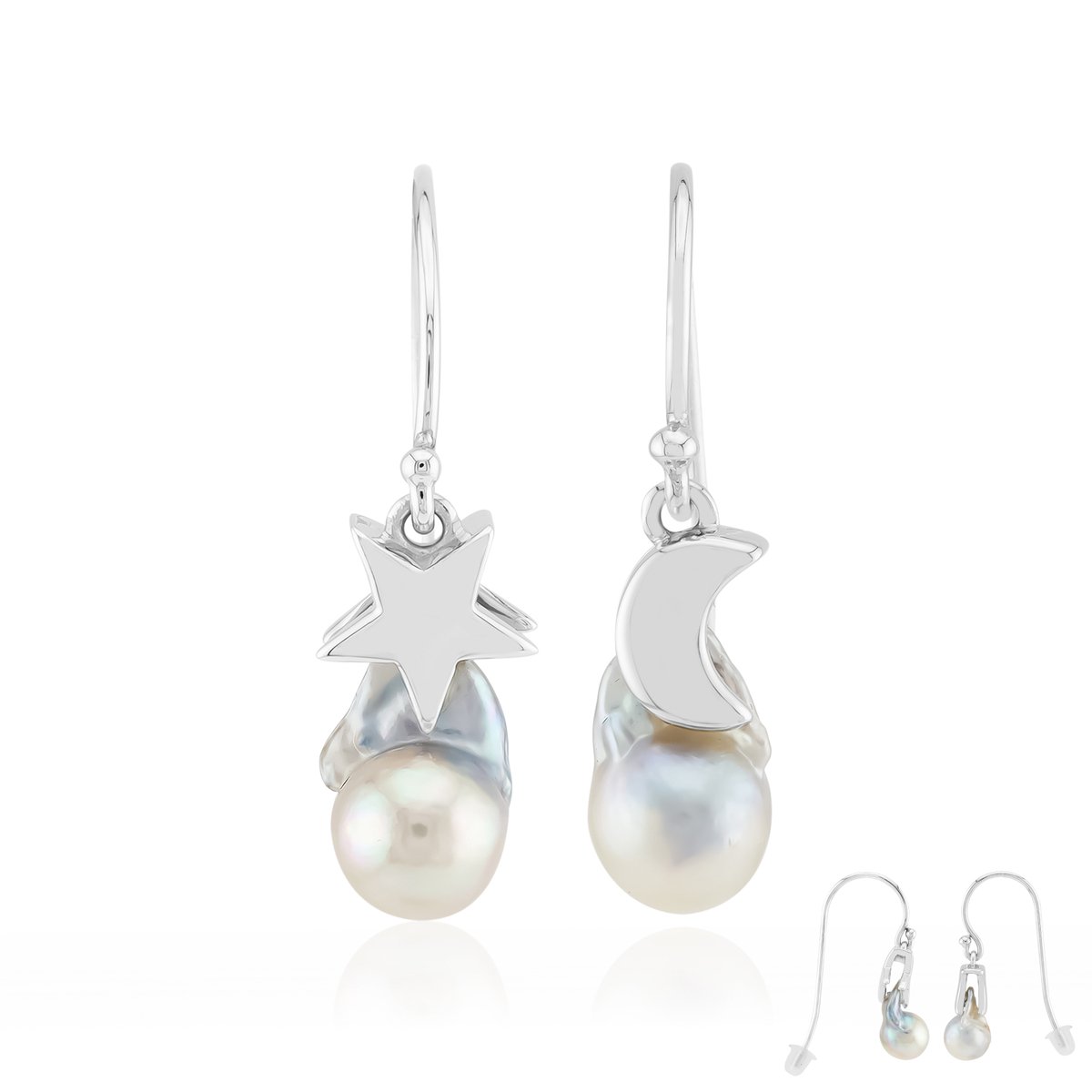 Cavill - Zilveren oorbellen - 925 Sterling Zilver met Rhodiumlaag - Platinablauwe Akoya Parels 11x7 mm - Maan- en Stermotief - Elegant Sieraad Dames
