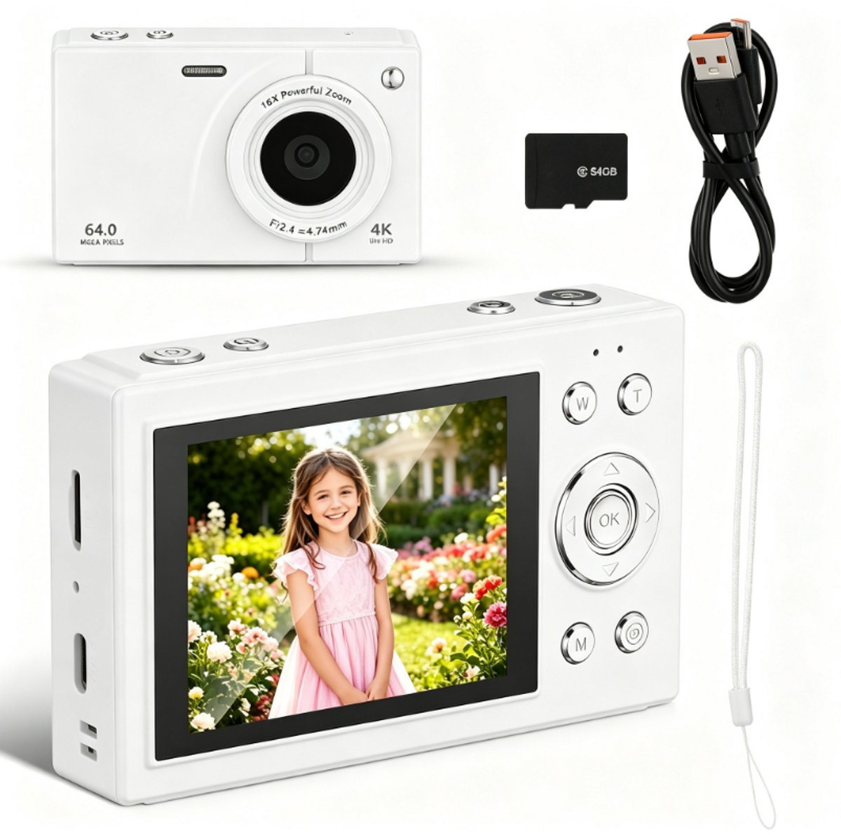 Digitale Camera voor Kinderen & Tieners – 64MP 4K Camera met 16x Zoom – 2,8 inch Scherm – Inclusief 64GB Kaart & WiFi – Retro Compact Camera voor Meisje Jongen & Beginners – Wit