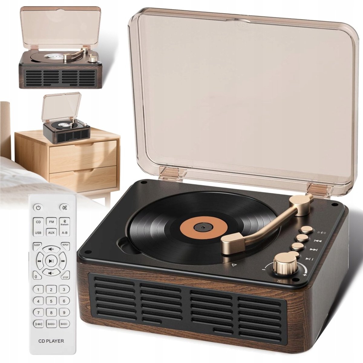 Retro CD-speler met Bluetooth-luidspreker, FM-radio en AUX-ingang, geschikt voor telefoon, laptop, tablet, tv en computer