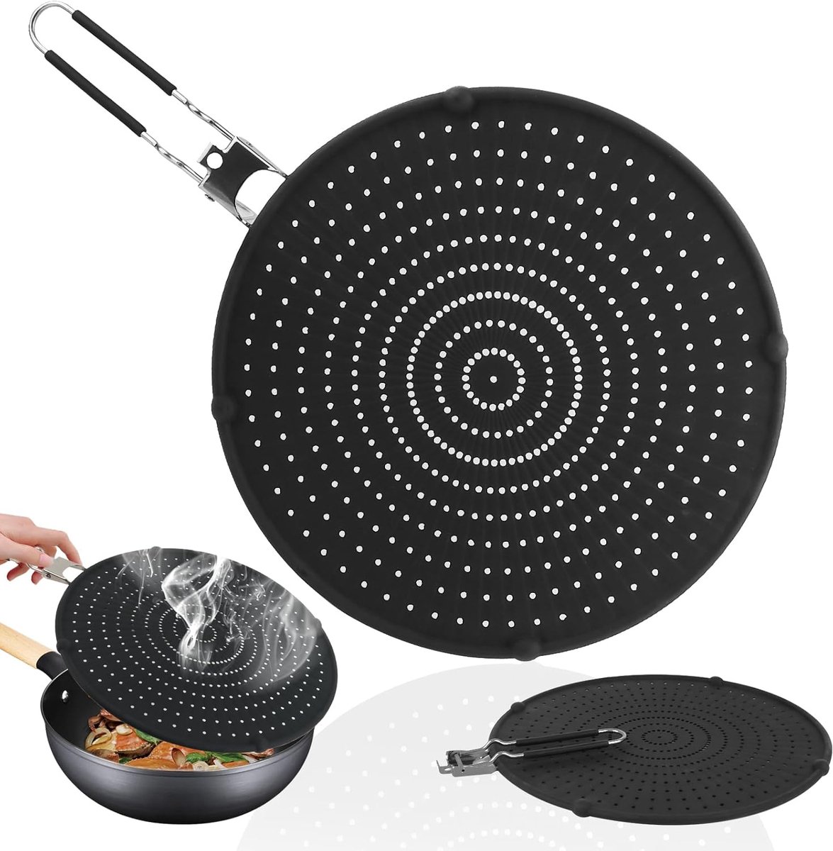 Splash guard - 32 cm diameter - Roestvrij staal en siliconen - Met inklapbaar handvat - Veelzijdig - Ruimtebesparend - Gemakkelijk schoon te maken - Geschikt voor koekenpannen, woks en diverse andere kookgerei - Zwart - 1 stuk