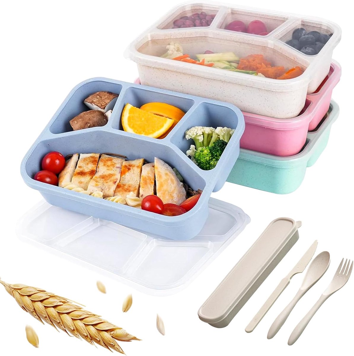 VHV - Lunchbox Set van 4 - Bento Box met 5 Vakken, Lepel en Vork - Stapelbaar voor School, Werk en Reizen - Multicolor