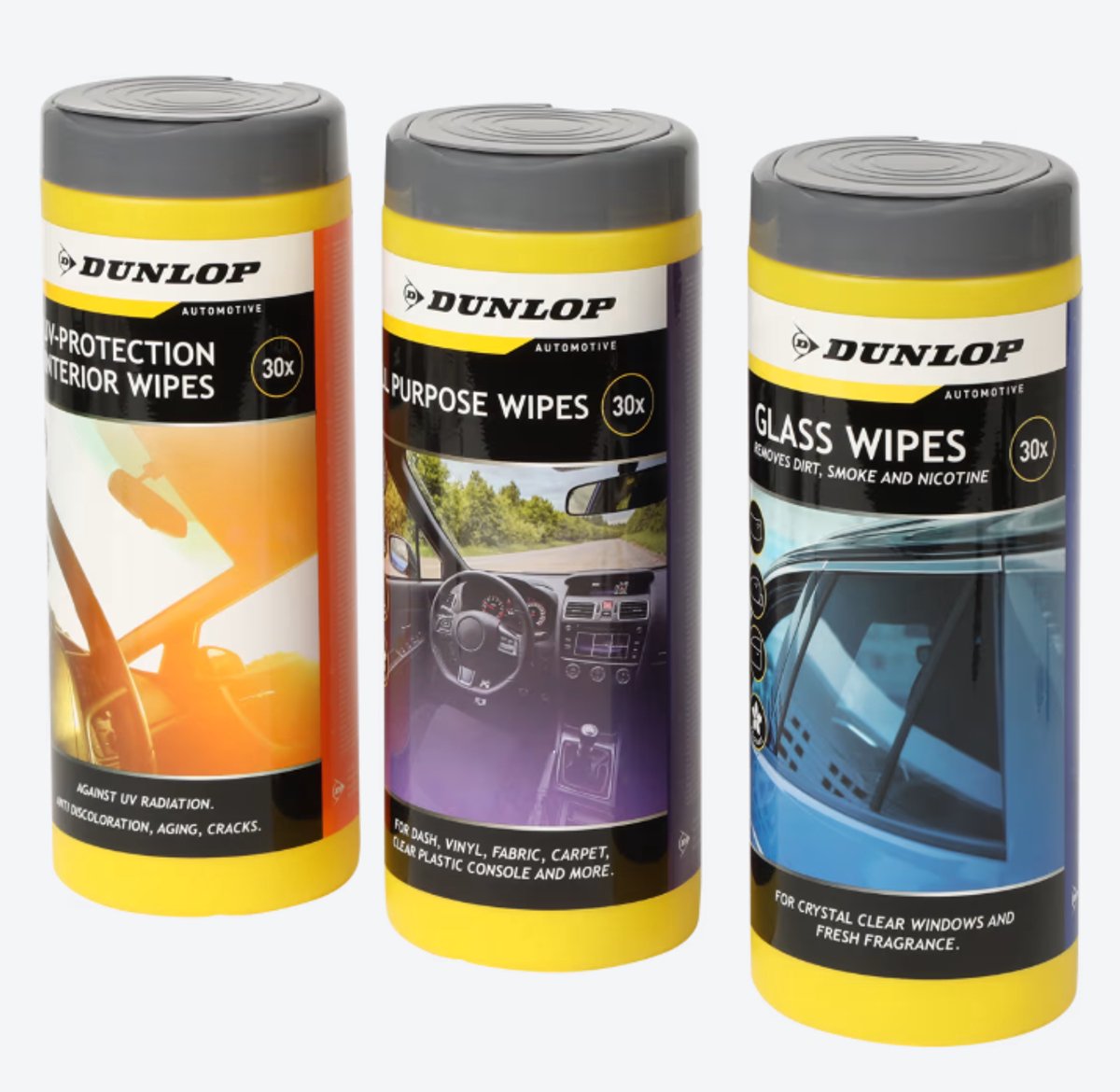 Dunlop car cleaning set 3 bussen met elk 30 doekjes-uv-all purpose-glass wipes