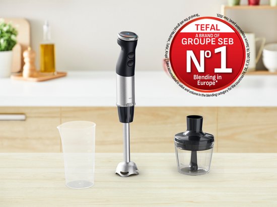 Zwarte en RVS Tefal staafmixer met mengbeker en hakmolen. "TEFAL A BRAND OF GROUPE SEB N°1 Blending in Europe"