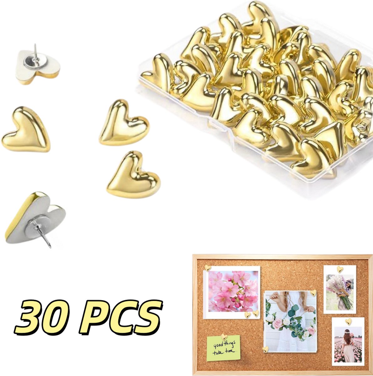 30 stuks - Hartvormige punaises - Punaises voor prikborden - Plastic punaises - Decoratieve punaises - Punaises voor fotowanden - Kantooraccessoires - Goud - 1 x 2 cm - Geschikt voor prikborden, kurkborden, fotowanden, posters en decoratieve wanden