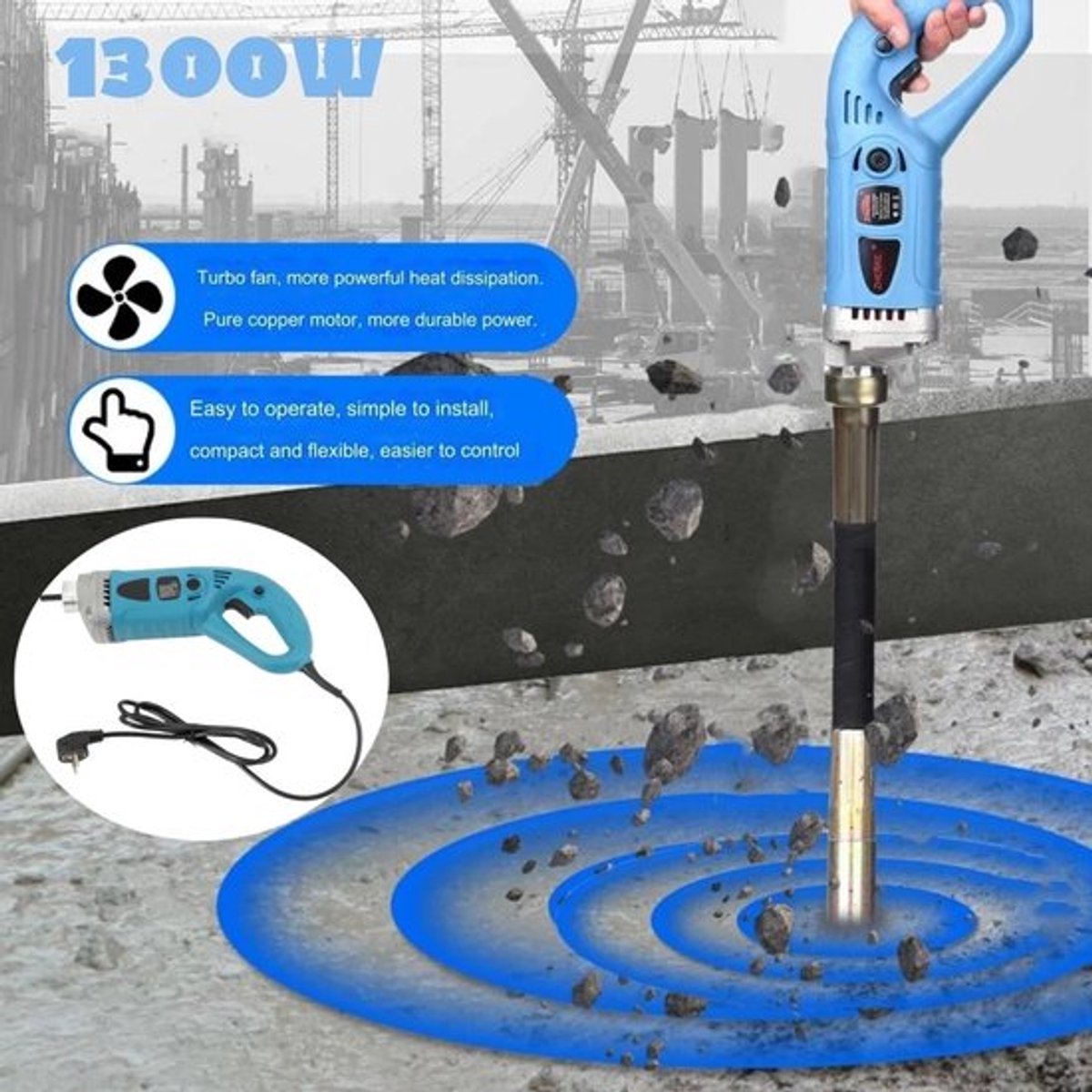 1300W Elektrisch Beton Vibrator Cement Afwerking Gereedschap Bubble Remover + 1.5M Slang