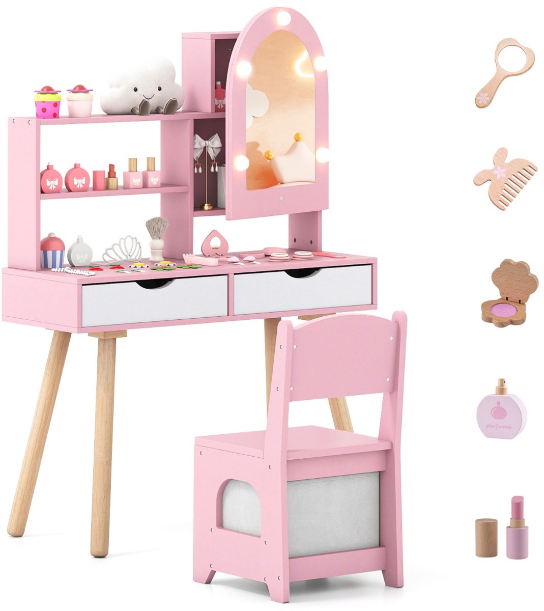 SureDeal® - Kaptafel - Kinderkaptafel - Stoelset - Spiegel - 79x29x113 cm - Roze