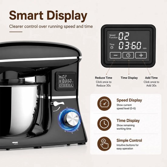 Homezo Blender - Keukenmixer - Keukenmachine - Mengkom 6,5 l - 1500W - 6 Snelheidsstanden - Deeghaak - Menghaak - Garde - Timer van Homezo — afbeelding 4