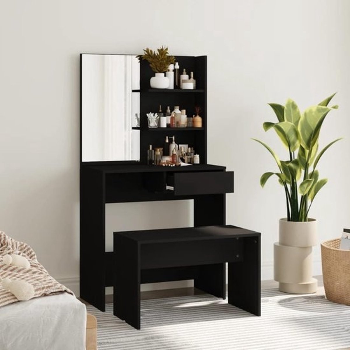 Make-uptafelset met kruk - Kaptafel met spiegel - Schoonheidsverzorging - Veel opbergruimte - 74.5 x 40 x 141 cm - Zwart