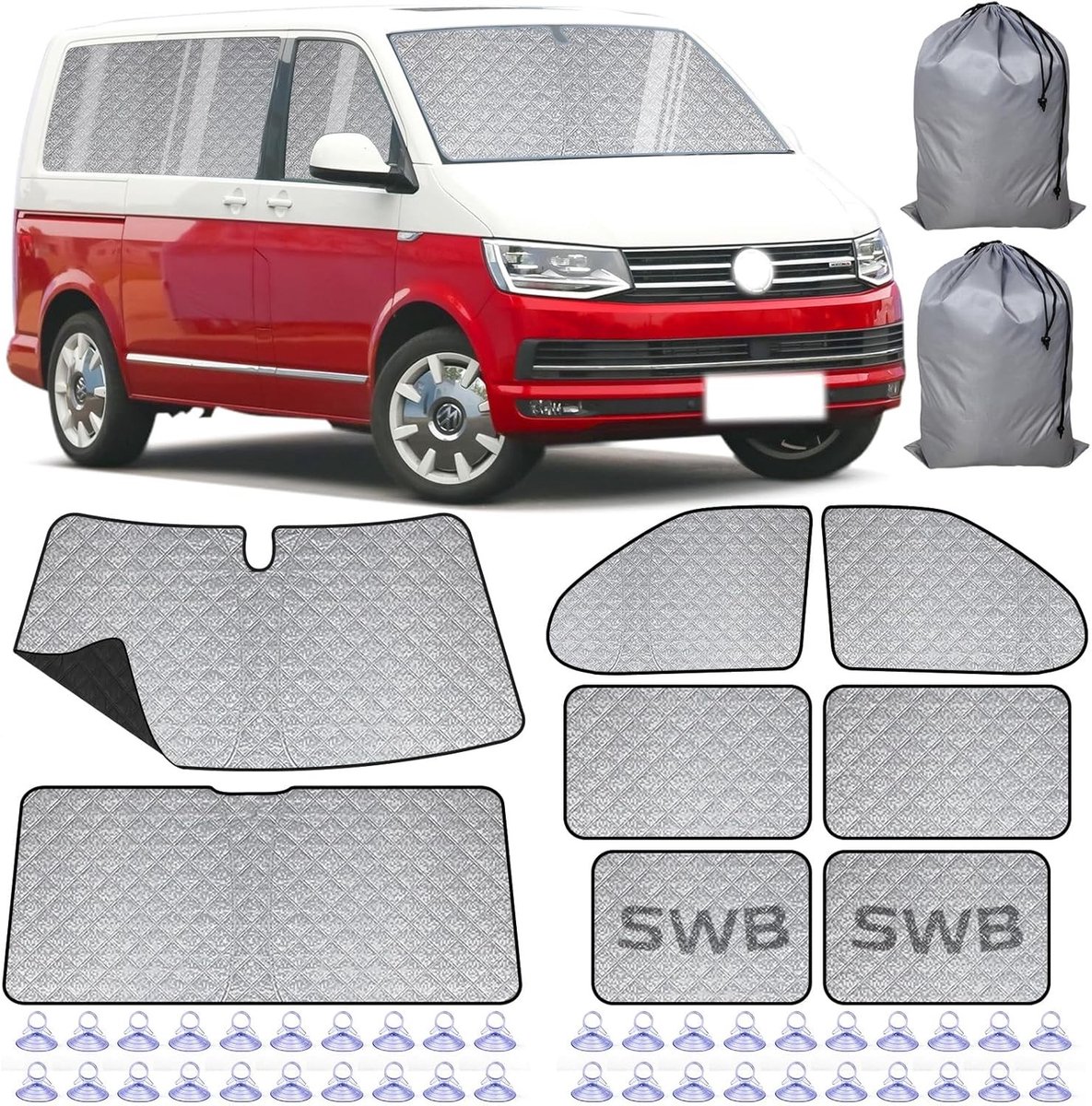 Thermische Mat Set voor VW T5/T6 SWB - Zonnebescherming, Dikke Materialen, Eenvoudige Montage, 8-Delig, Inclusief Opbergtas en Isolatie