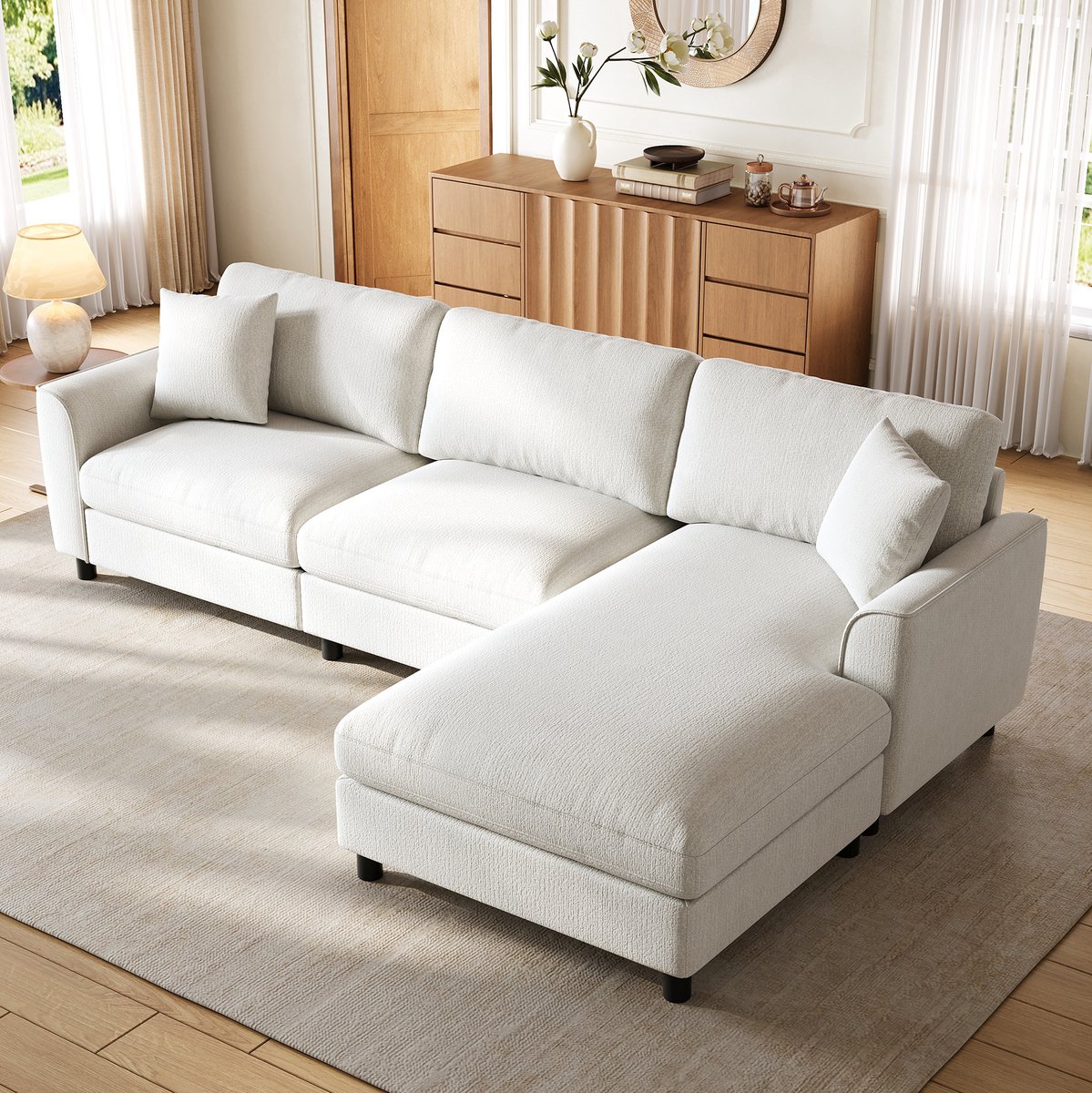 MODENUIT Hoekbank 256 x 137 x 79 cm - Omkeerbare Chaise Longue - 3-Zits - Voor Woonkamer - Chenille Beige