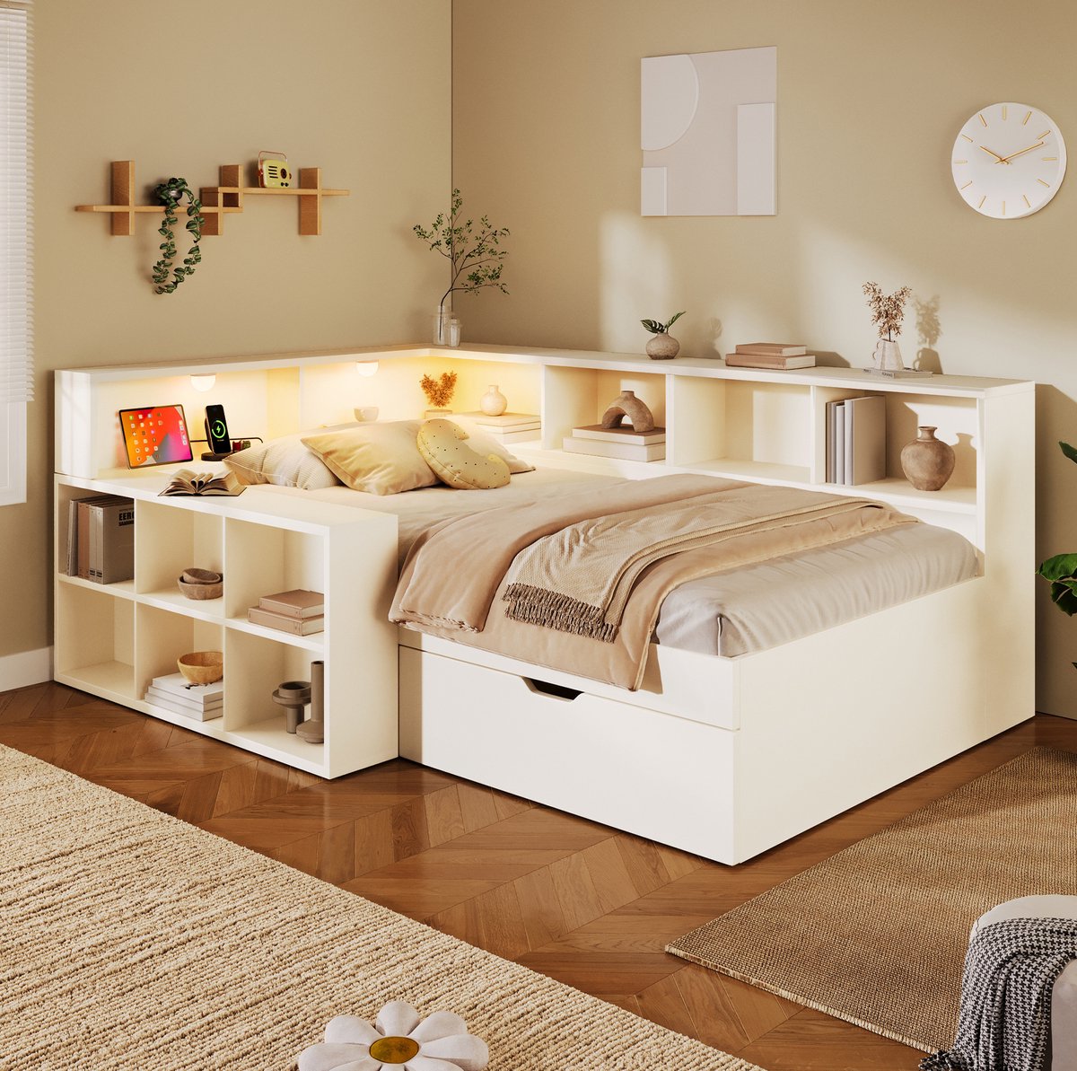 MODENUIT Bed 90 x 200 cm - Met Opbergruimte, Leeslamp En USB-C - Voor Slaapkamer - MDF En Spaanplaat - Wit