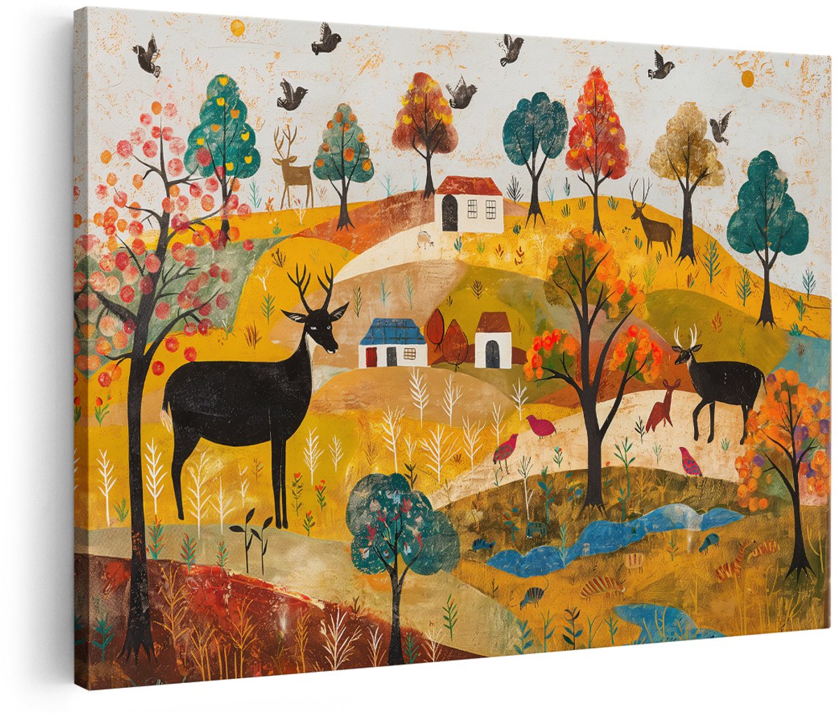Artaza Canvas Schilderij Herfstlandschap - 150x100 cm - Groot - Wanddecoratie Herten - Muurdecoratie Vogels - Decoratie Bomen Woonkamer