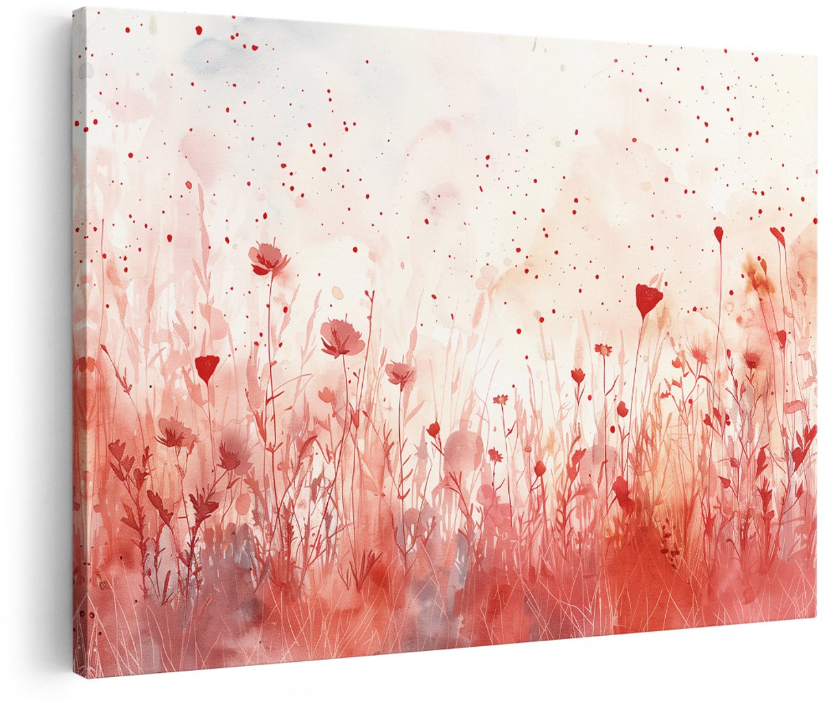 Artaza Canvas Schilderij Bloemen - 150x100 cm - Groot - Wanddecoratie Klaprozen - Muurdecoratie Aquarel Natuur - Decoratie Woonkamer - Roze