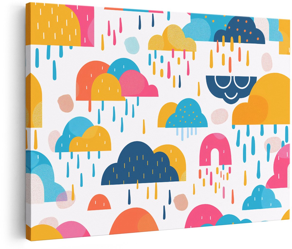 Artaza Canvas Schilderij Abstract Kinderkamer - 150x100 cm - Groot - Wanddecoratie Kleurrijke Wolken - Muurdecoratie Babykamer - Decoratie Regendruppels