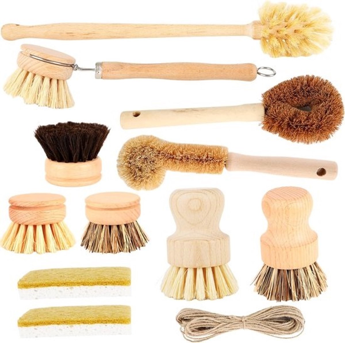 12-delige Set Afwasborstels: Bamboe, Hout en Sisal voor Pannen, Flessen en Keuken Schoonmaken