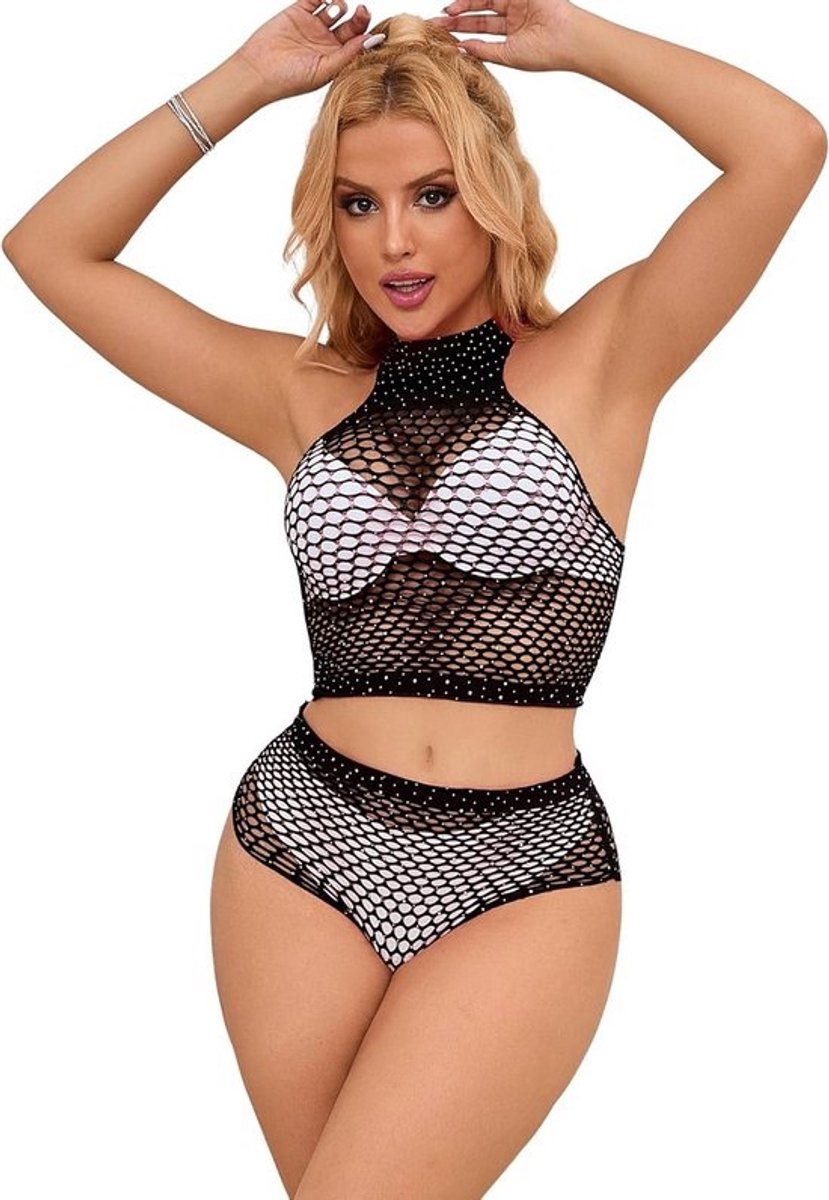 Sexy Visnet Lingerieset voor Dames - Tweedelig Bodysuit met Strass Accent